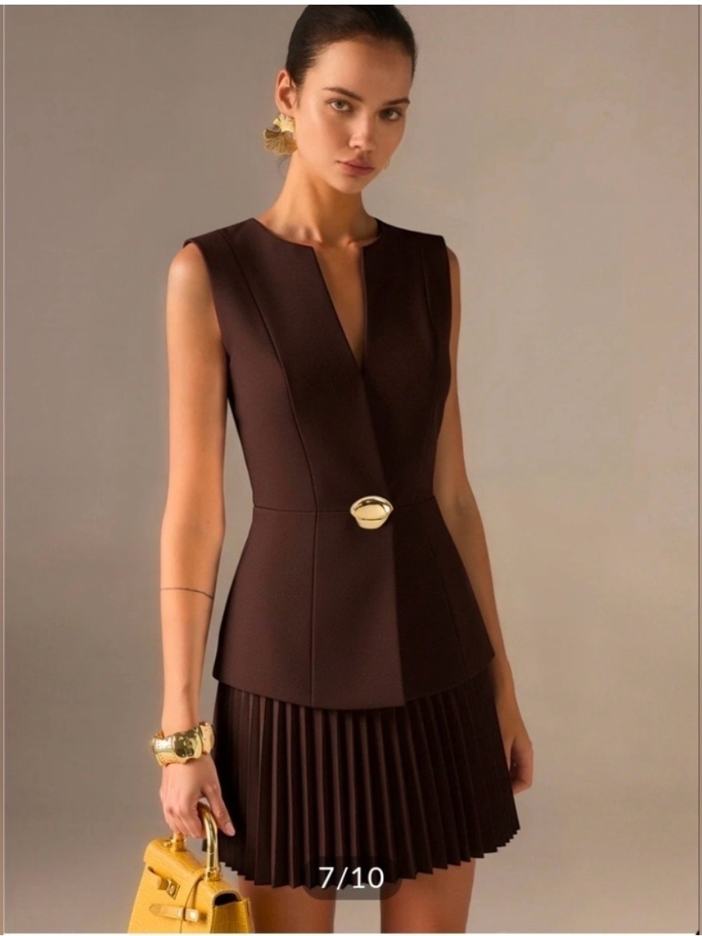 Commense Brown Sleeveless Pleated Hem Dress with Gold Accent